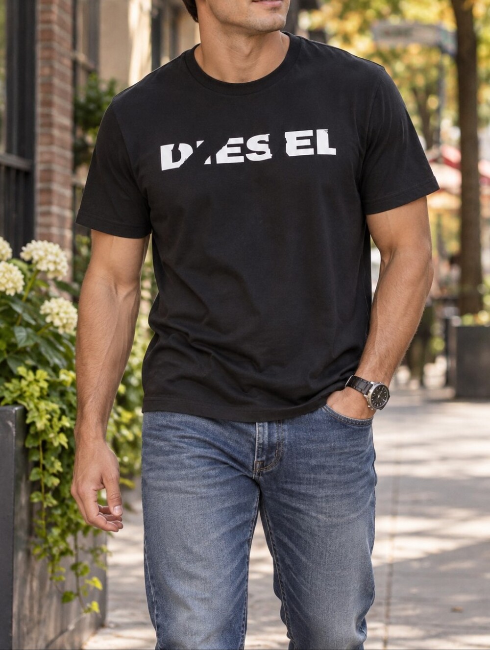 Diesel Men's Black 100% Cotton Logo Graphic Crewneck T-Shirt Casual Streetwear